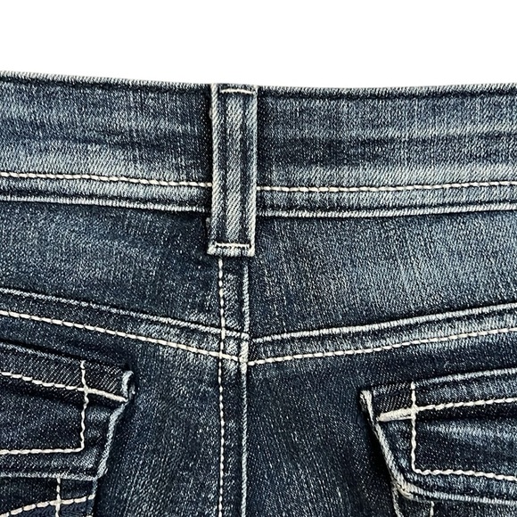 Y2K LEI Sophia Hipster Flare Jean Blue Embroidery Whispered Flap Pockets 13S/29L - Picture 13 of 13